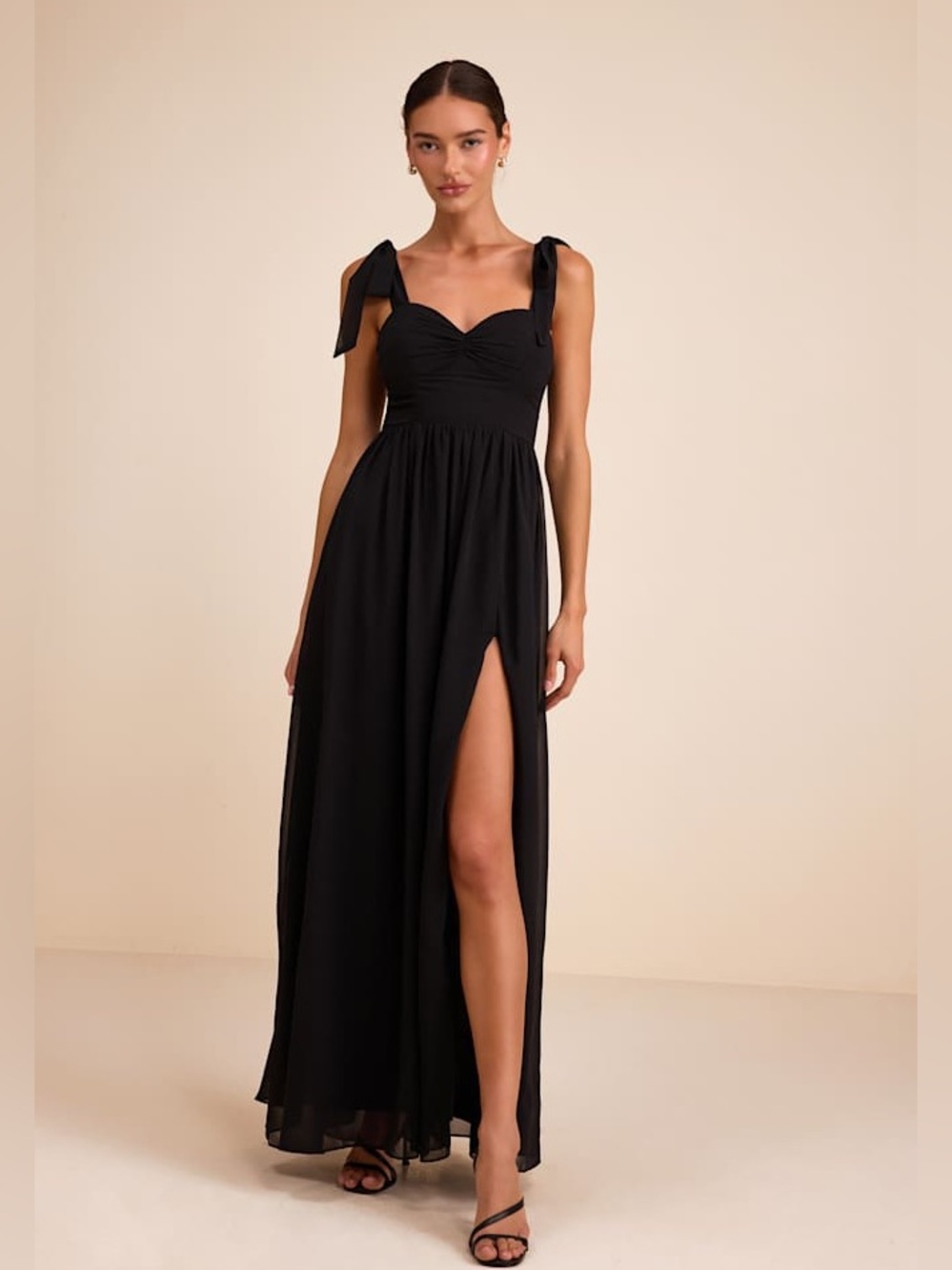 LULU'S 2X Radiant Charisma Black Chiffon Ruched Tie-Strap Maxi Dress NEW